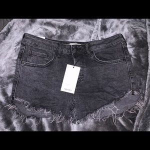 Black Mid Rise Denim Frayed Shorts